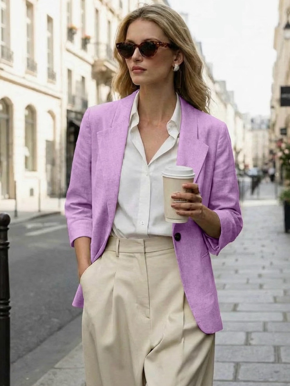 NWT IDEALSANXUN Linen Blazer Women 3/4 Sleeve Lightweight jacket lilac large new